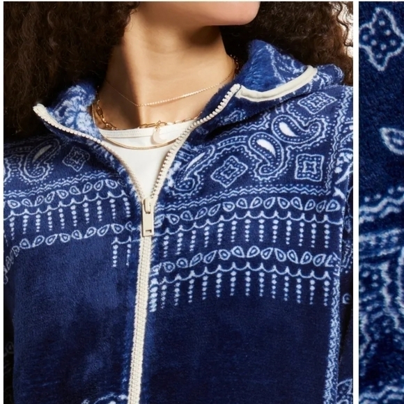Nordstrom BP Faux Shearling Plush Fleece Blue Bandana Paisley Print Jacket Med - Picture 4 of 15